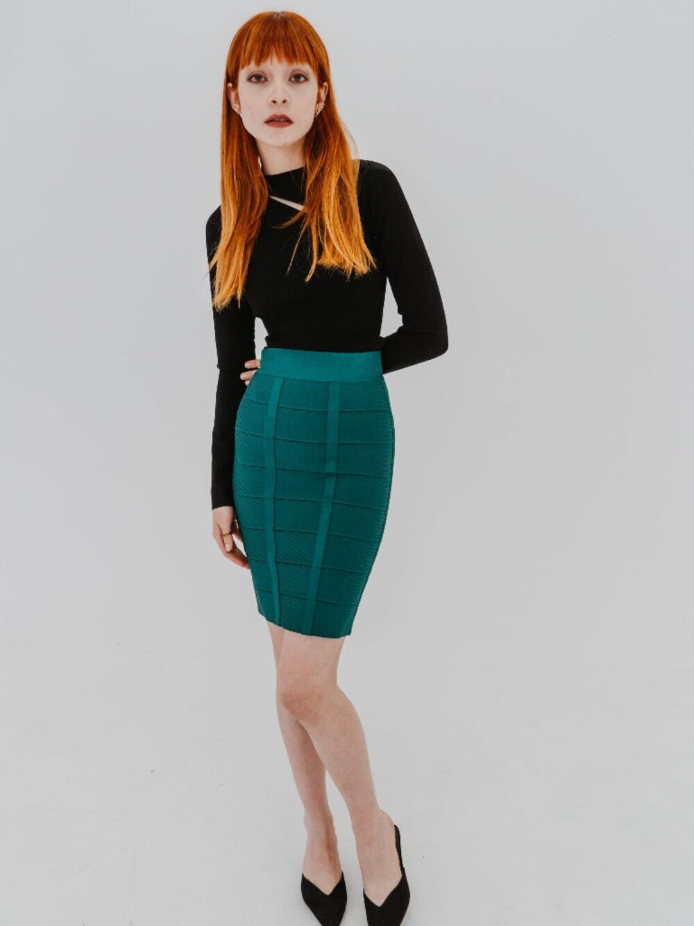 NWT HERVÉ LEGER EMERALD HIGH RISE BANDAGE PENCIL SKIRT - XS